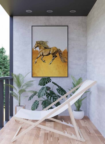 لوحة كانفاس على إطار خشبي، تصميم حصان يركض فى الصح...