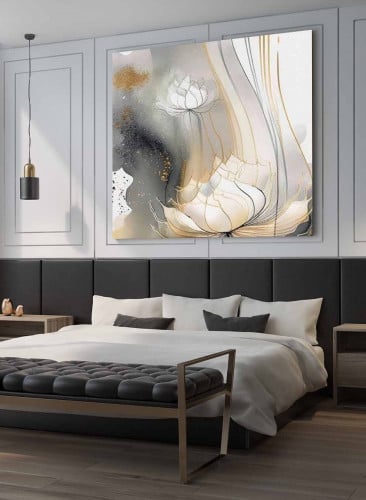 لوحة كانفاس مربع على إطار خشبي، تصميم زهور مميزة،...