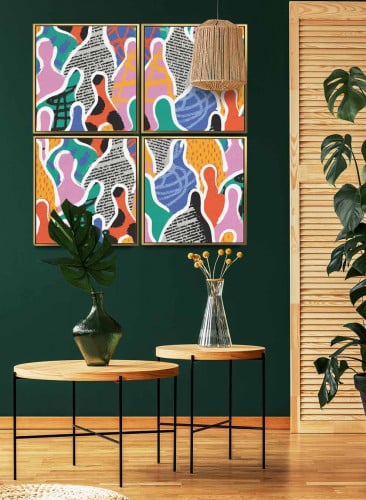 طقم من ٤ لوحات كانفاس مربع على إطار خشبي، تصميم فن...