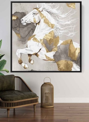 لوحة كانفاس مربع على إطار خشبي، تصميم فن زيتي لخيل...