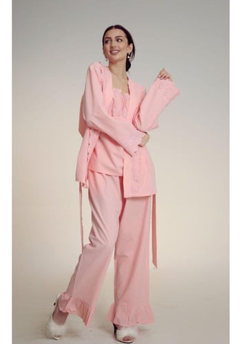 بجامة قطن 3 قطع لون وردي