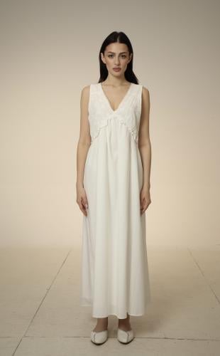 Long Natural Cotton Dress with Indian Lace & Embroidery