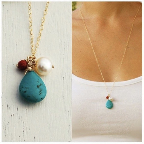 سلسله بحجر تركواز دمعه مع لولو وخرز احمر