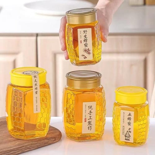 برطمان عسل زجاجي بغطاء ذهبي