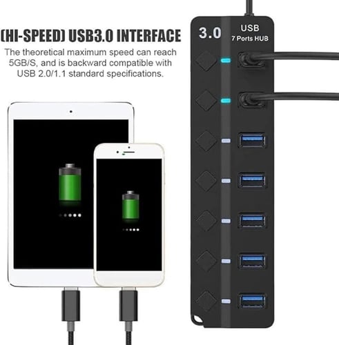 موزع USB 3.0 بـ7 منافذ محمول وعالي السرعة متوافق ا...