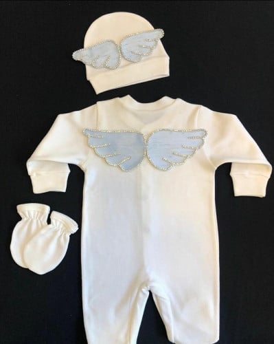 طقم مواليد بأجنحة ابيض/سماوي