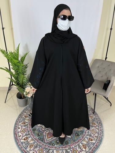 عبايه نص كلوش تطريز كحلي - قماش كريب