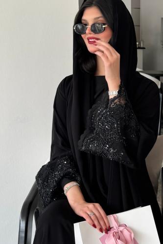 كريب ملكي كلوش تطريز على الأكمام ومن الاسفل