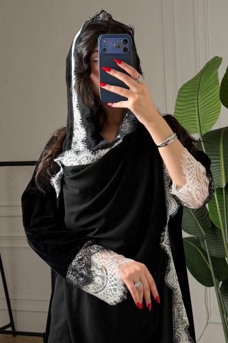 كريب أو مخمل بدانتيل على الأكمام ومن الأمام