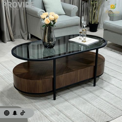 طاولة تقديم بسطح زجاجي وقاعدة من قشر الجوز