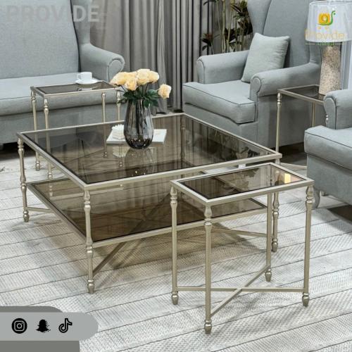 طقم طاولة تقديم مع 4 طاولات خدمة – تصميم زجاجي معد...