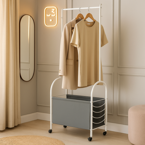 علاقة ملابس مع سلة تخزين متحركة