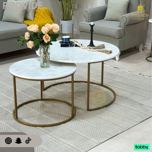 طقم طاولة حديد مع خشب شكل رخام ذهبي