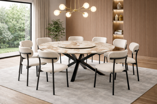 طقم طاولة طعام دائرية مودرن بيج بسطح سيراميك مع 8...