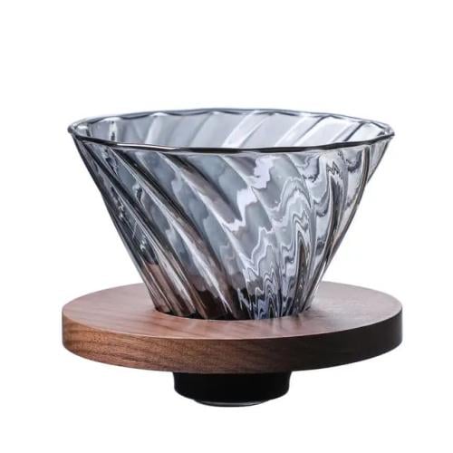 قمع تقطير V60 زجاجي بقاعدة خشبية مع ربل