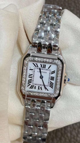 كارتييه بانثر ستيل فضي وألماس مقاس الميديم ٢٦.٧ مم