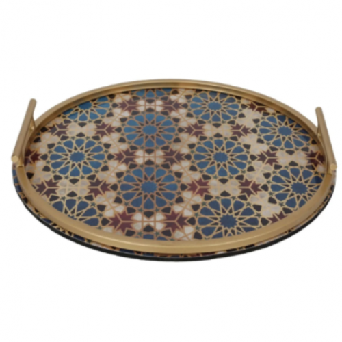 طوفرية فيبر دائري رخامي بنقش هندسي حواف ذهبية