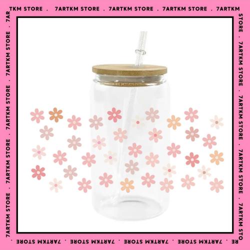 كاس زجاج -pink flowers