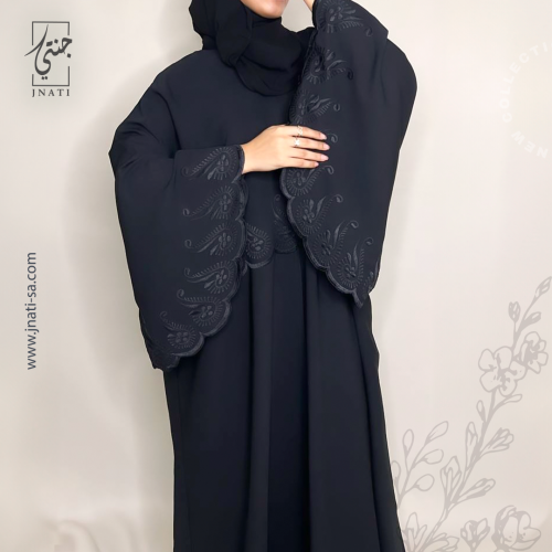 Black abaya with butterfly cut, wide sleeves, and delicate embroidery gives you elegance and fluidity
