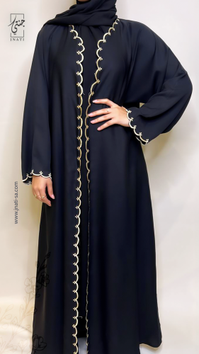 Black abaya open with elegant gold embroidery and...