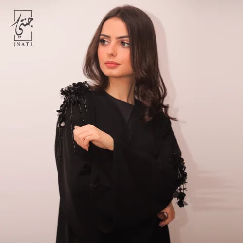 Black abaya, decorated with a black flower, sequin...