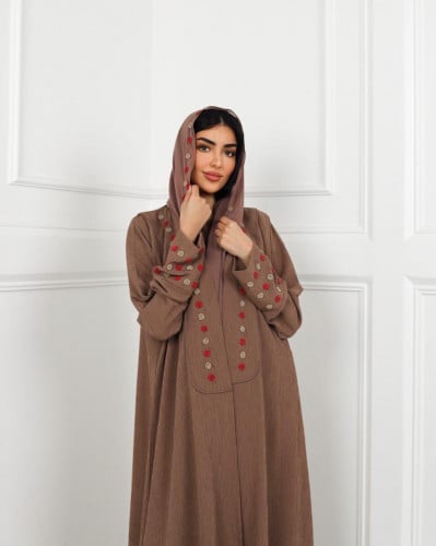 فستان عباية بيج قماش كريب شك يدوي