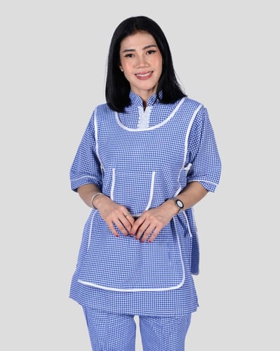 طقم عاملة منزلية بياقة دائرية كاروهات