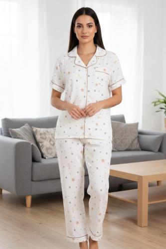 بيجاما نسائية قطعتين بنقشة نجوم وياقة كلاسيكية