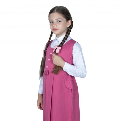 مريول مدرسي أبتدائي بلون وردي مخطط بأزرار وفيونكا...