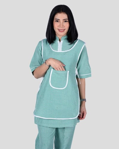 طقم عاملة منزلية بياقة دائرية كاروهات