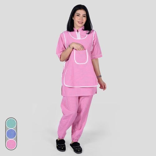 طقم عاملة منزلية بياقة دائرية كاروهات