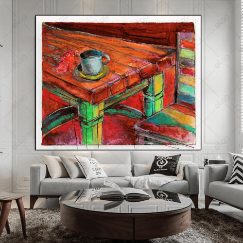 لوحة جدارية طاولة وكرسي وكوب شاي