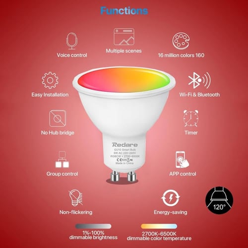لمبة LED ذكية WiFi قاعدة GU10 – متعددة الألوان وتح...
