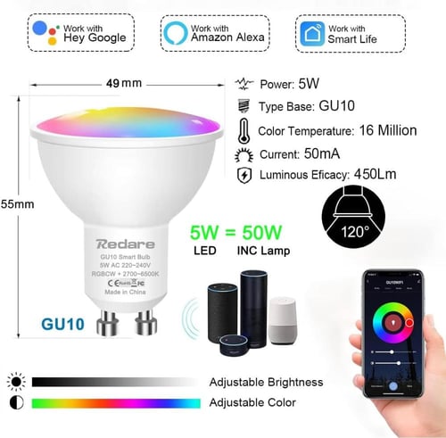 4 لمبات LED ذكية WiFi قاعدة GU10 – متعددة الألوان...