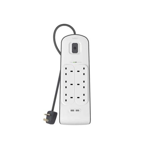 Belkin power cable with 6 ports, USB for charging, 2 meters long, protects against power surge.