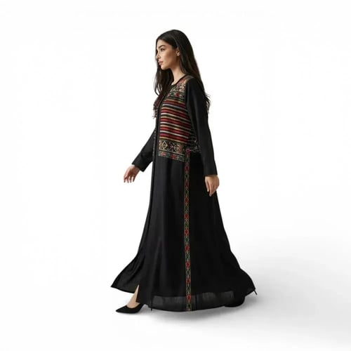 عباية باللون الأسود من القماش الكوري مطرزة بالقط ا...