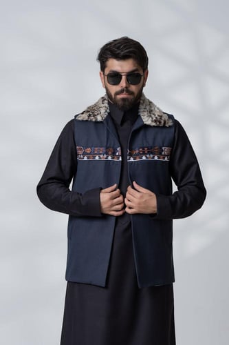 سديري قماش خلية كحلي بياقة فرو ايطالي