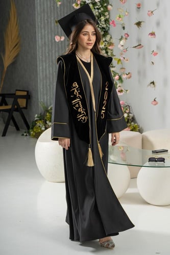طقم عباية تخرج بتطريز الأمام (أسودXمخمل)