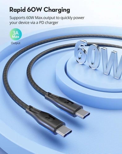 كيبل شحن سريع راف باور بقوة 60 واط تايب سي الى تاي...