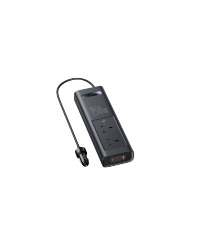 Baseus محول طاقة للسيارة 150 واط بشاشة ذكية – 5 منافذ USB-C وUSB-A وAC - أسود