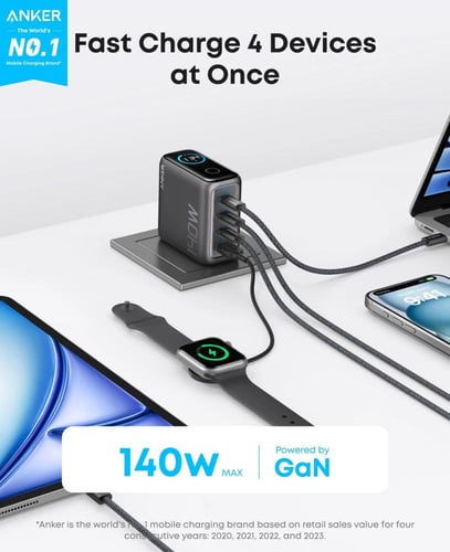 شاحن جداري انكر بقوة 140 واط بثلاث منافذ تايب سي و...