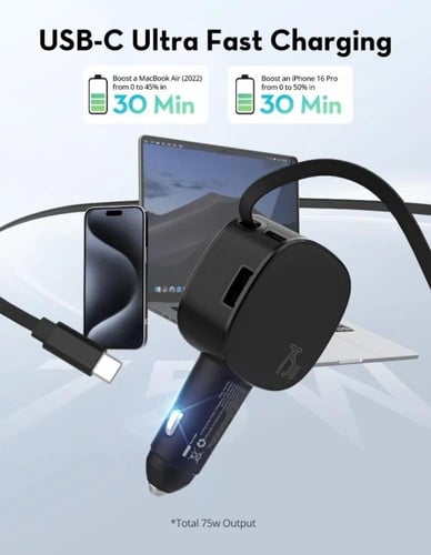 شاحن سيارة راف باور بقوة 75 واط بمنفذ تايب سي ومنف...