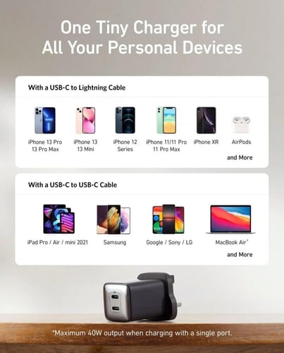 شاحن جداري انكر نانو برو بقوة 40 واط بمنفذين USB-C...