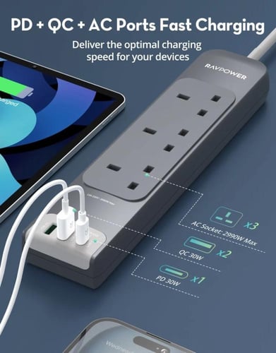 توصيلة راف باور 3 منافذ طاقة ومنفذين USB-A ومنفذ U...