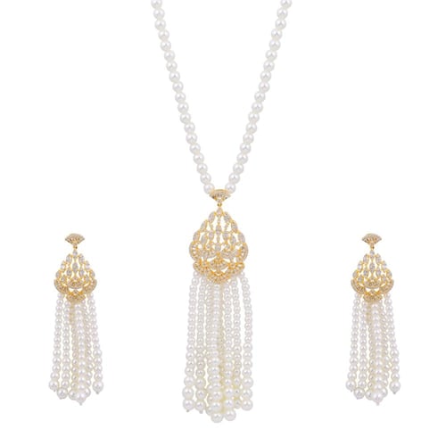 نصف طقم طويل مزين باللؤلؤ والزركون البراق بتصميم م...