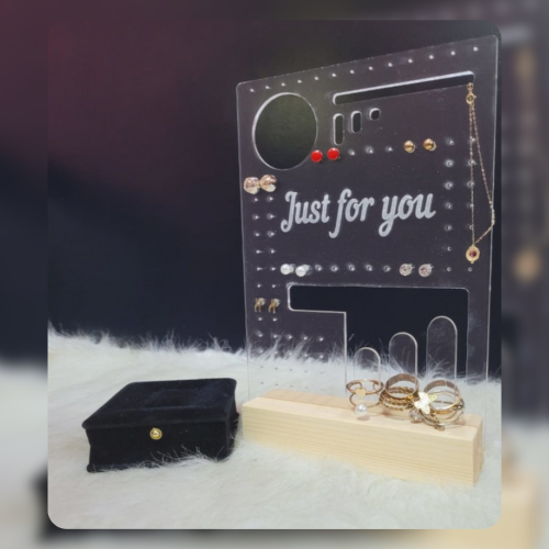 حامل أكسسوارات – أكريليك شفاف مع قاعدة خشبية