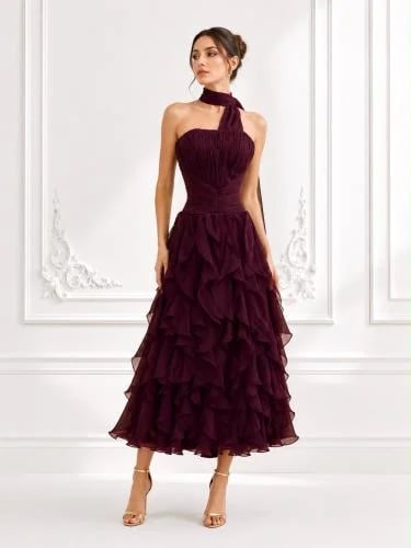 فستان ميدي كلاسيكي بلونين بقصة مخصره