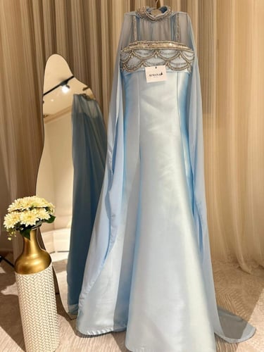 فستان سهره سماوي ميكادو شال شيفون