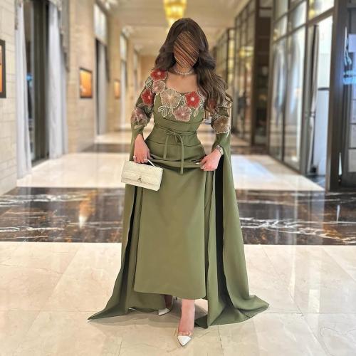 فستان زيتي قماش باربي تطريز ورد