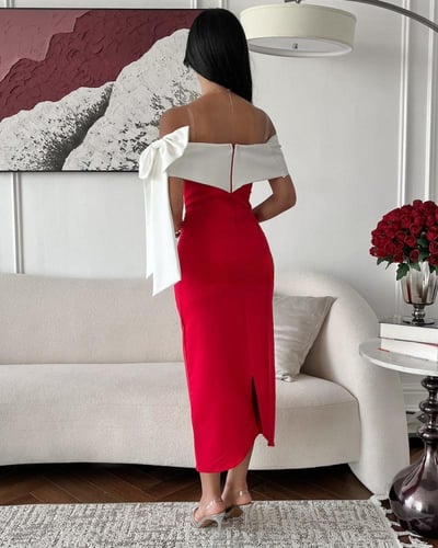 ناعم كريب باربي أحمر بكتف ساقط ووشاح أبيض طويل مع...